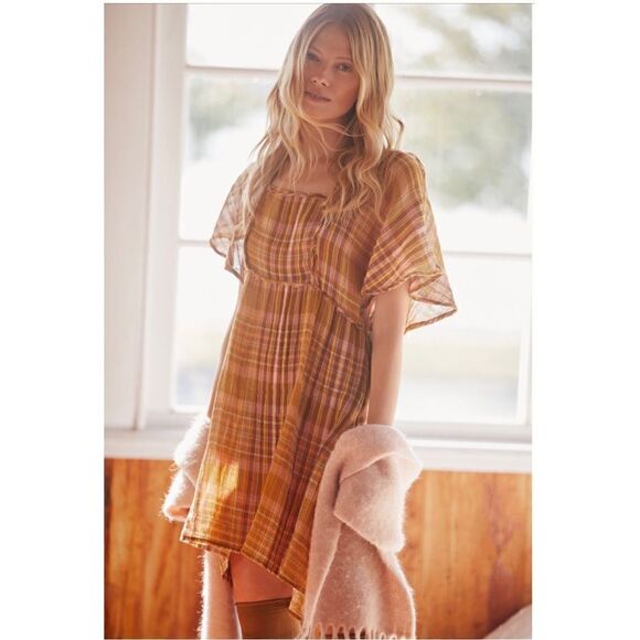Anthropologie Dresses & Skirts - NEW Anthropologie Gauzy Plaid Cotton Flutter-Sleeve Babydoll Mini Dress Large